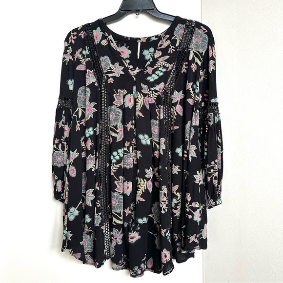 Free People Just the Two of Us Tunic Top Black + Pink Floral Laser Cut Boho - Picture 2 of 9